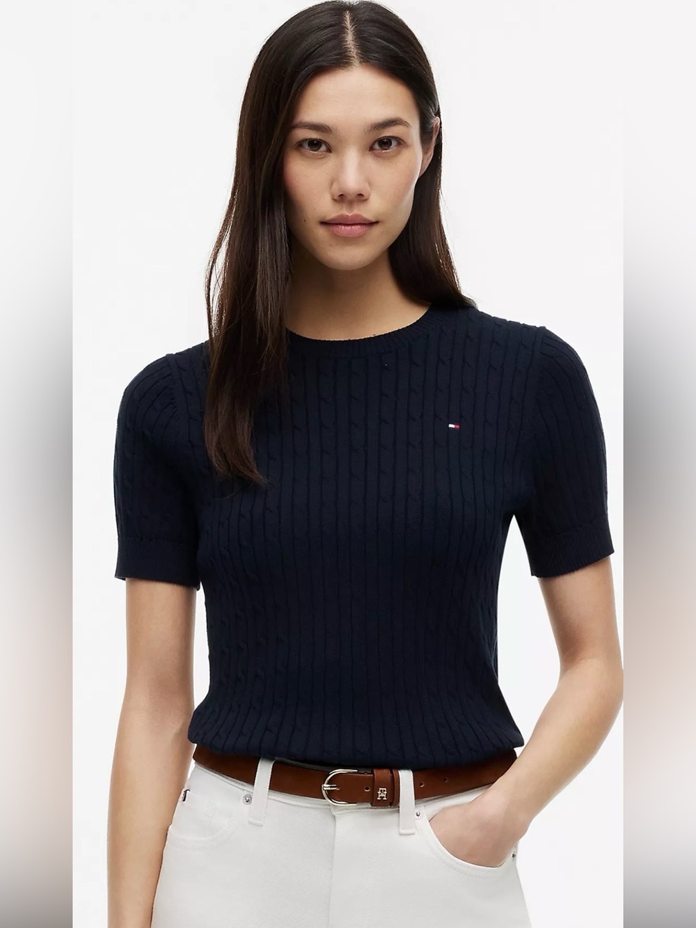 Tommy Hilfiger Navy Cable Stitch Short Sleeve Sweater